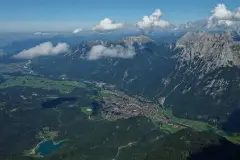 Aerial view of Mittenwald, Lautersee and the Karwendel